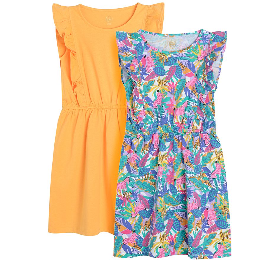 White with tropical leaves and orange sleeveless dresses- 2 pack