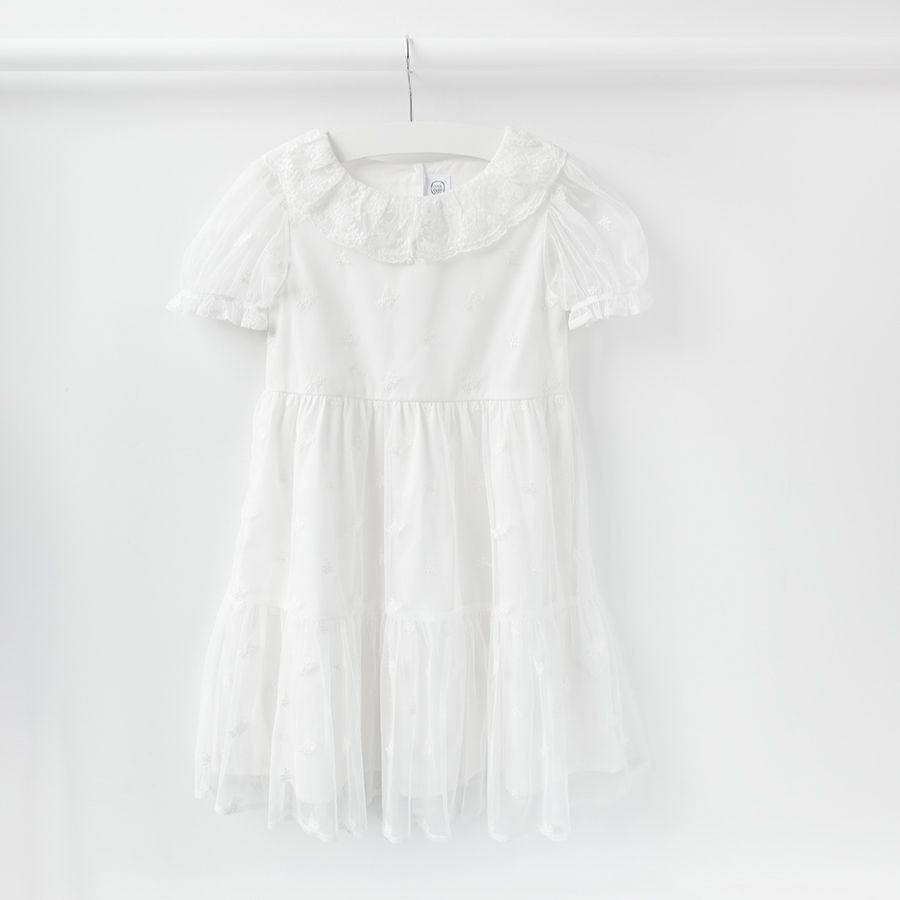 Φόρεμα κοντομάνικο λευκό με βολάν και γιακά