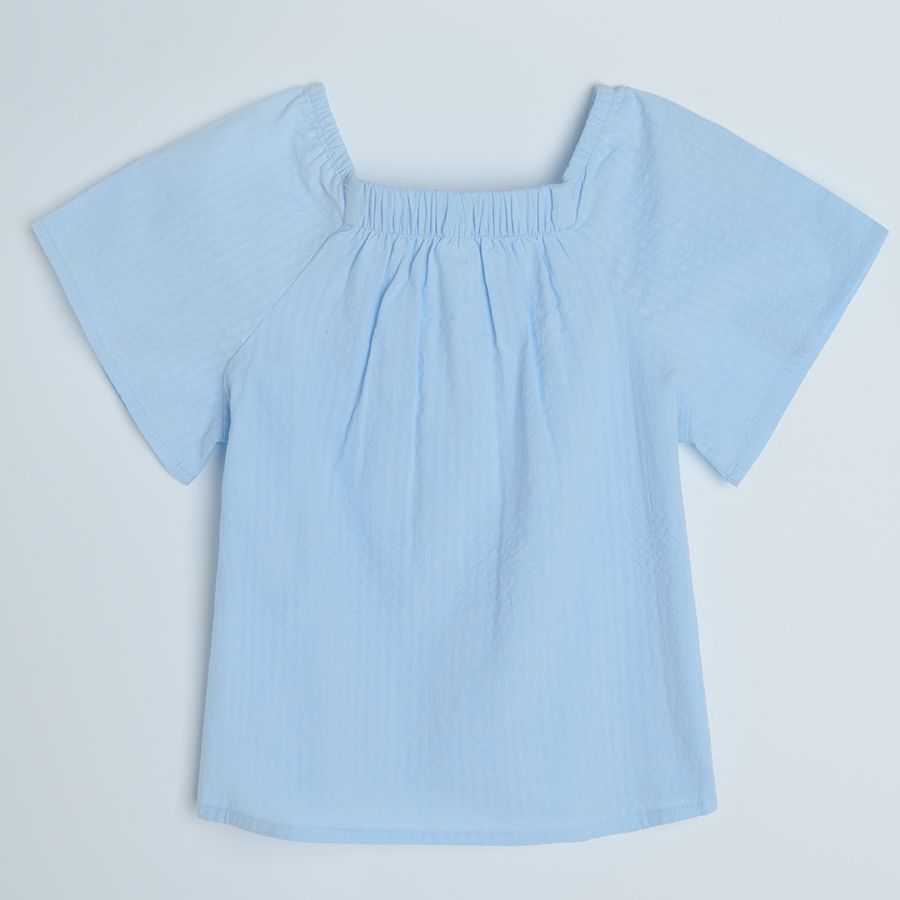 Blue short sleeve blouse with buttons and square neckline
