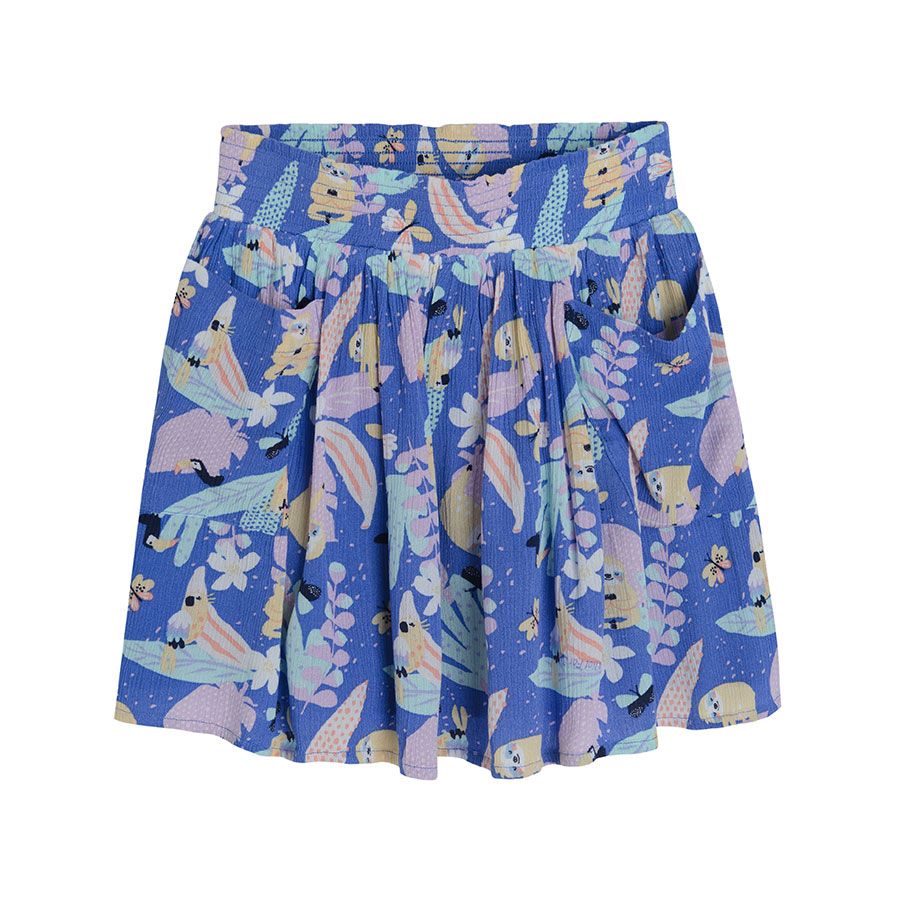 Blue skirt with elastic waist and tropical leaves print