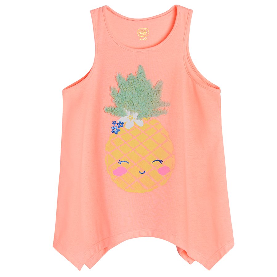 Fluo coral sleeveless T-shirt with sequin pineapple print