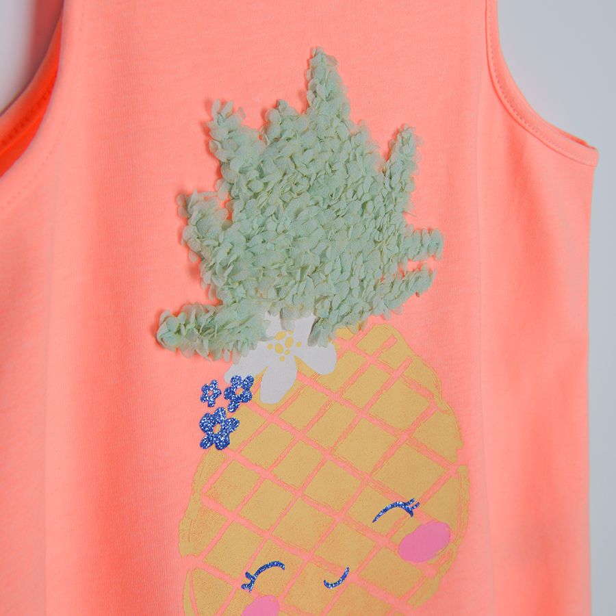 Fluo coral sleeveless T-shirt with sequin pineapple print