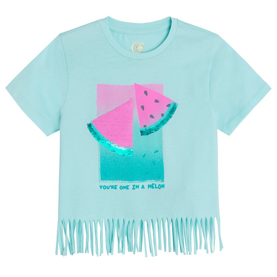 Turquoise short sleeve T-shirt with sequin watermelon print and fringes