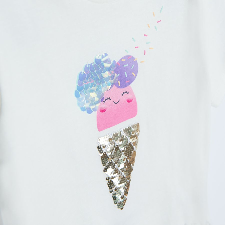 Cream short sleeve T-shirt with sequin ice-cream and fringes