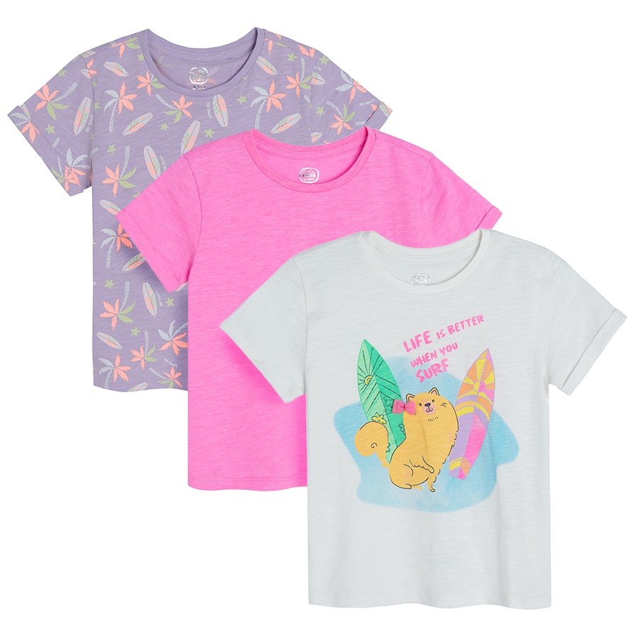 White violet pink short sleeve T-shirts with summer theme prints