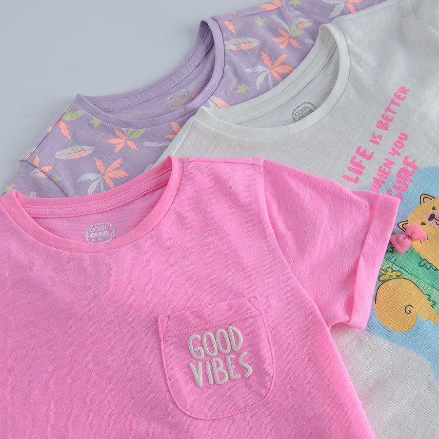 White violet pink short sleeve T-shirts with summer theme prints