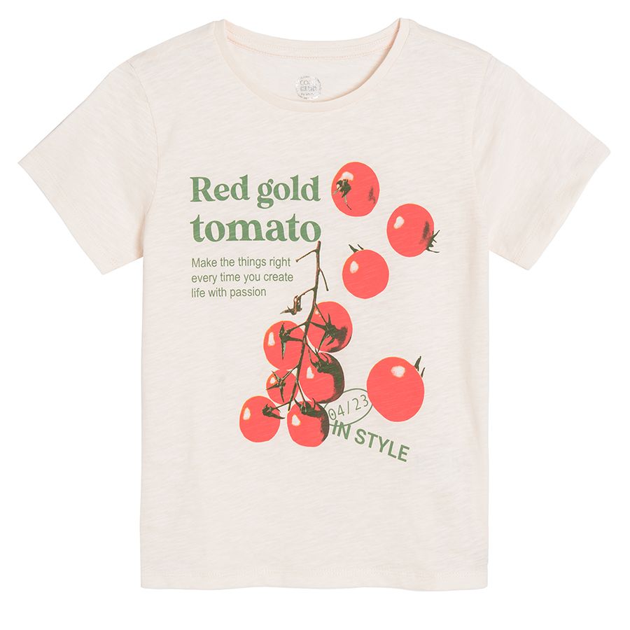 Ecru short sleeve T-shirt with red tomatoes print