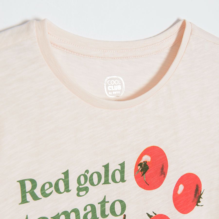 Ecru short sleeve T-shirt with red tomatoes print