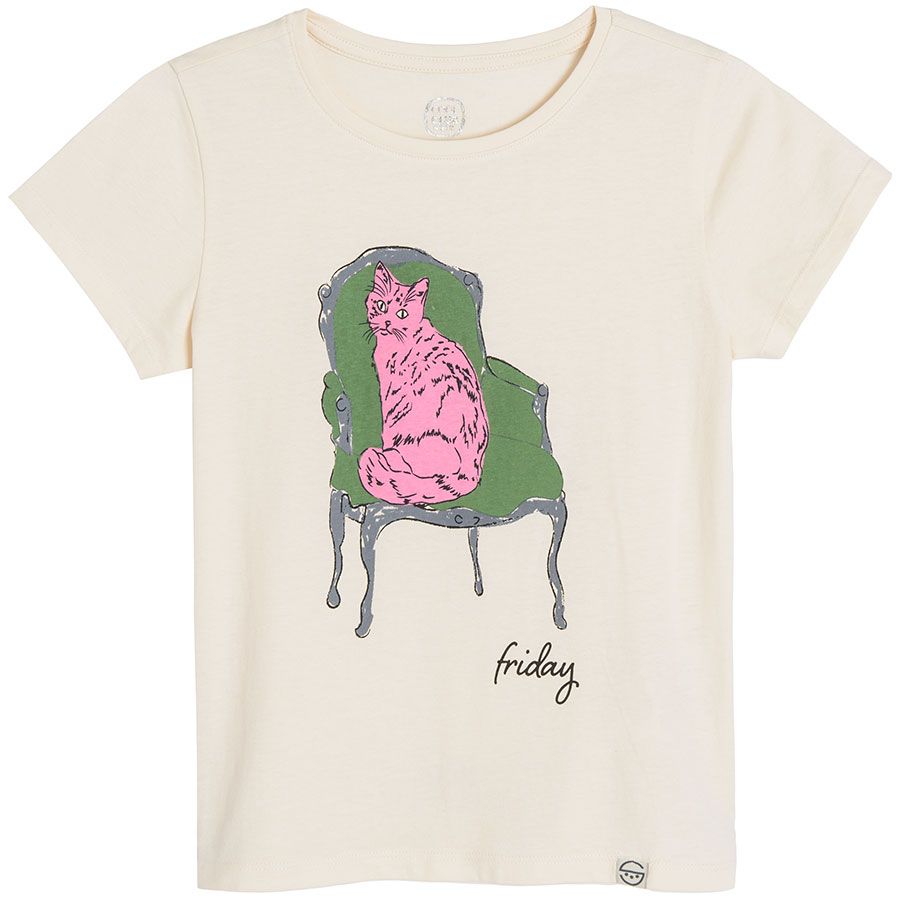 Ecru short sleeve T-shirt with cat on an armchair print