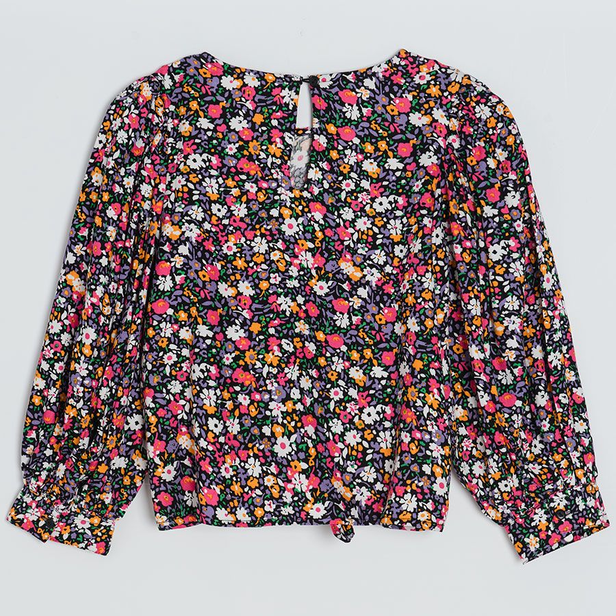 Navy blue floral long sleeve blouse with knot on the front