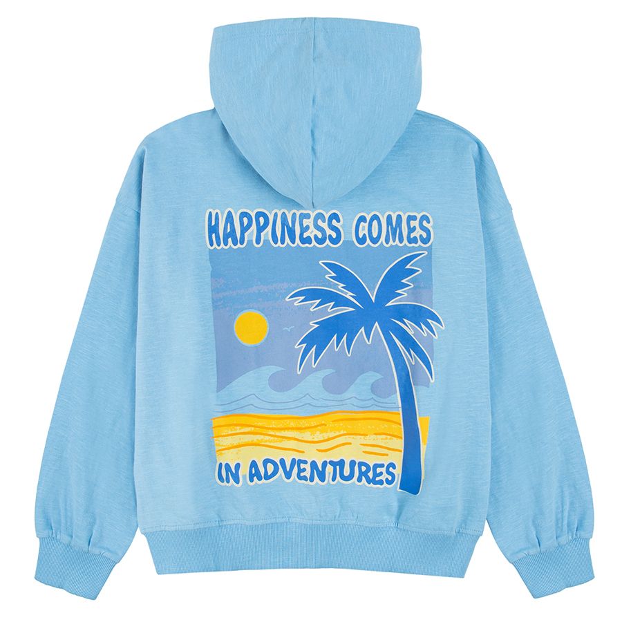 Light blue zip through hooded sweatshirt with summer vibes print on the back
