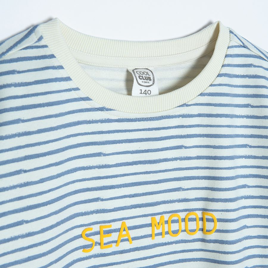 Σετ μακρυμάνικη μπλούζα ριγέ με στάμπα Sea Mood και κίτρινο σορτς