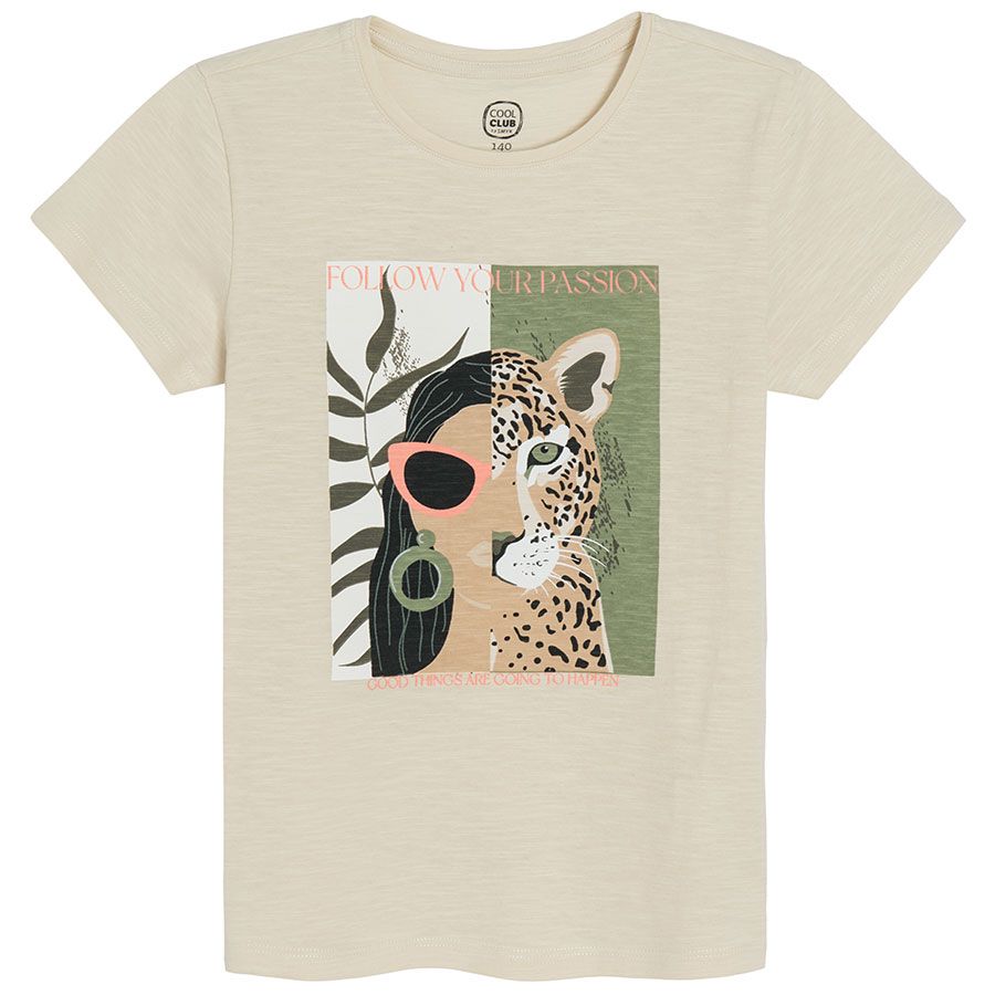 Cream short sleeve T-shirt with woman and tiger print