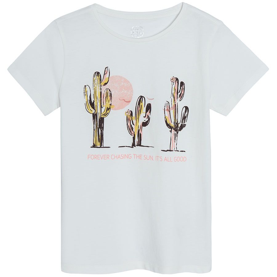 White short sleeve T-shirt with cactus print