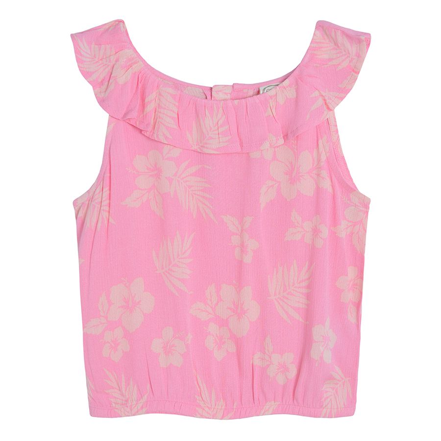 Pink floral sleeveless crop top with ruffle neckline