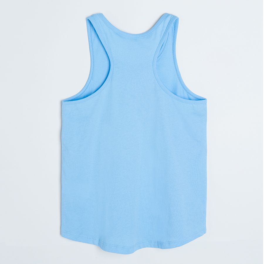 Light blue sleeveless T-shirt with woman and flowers SEE GOOS IN ALL THINGS print