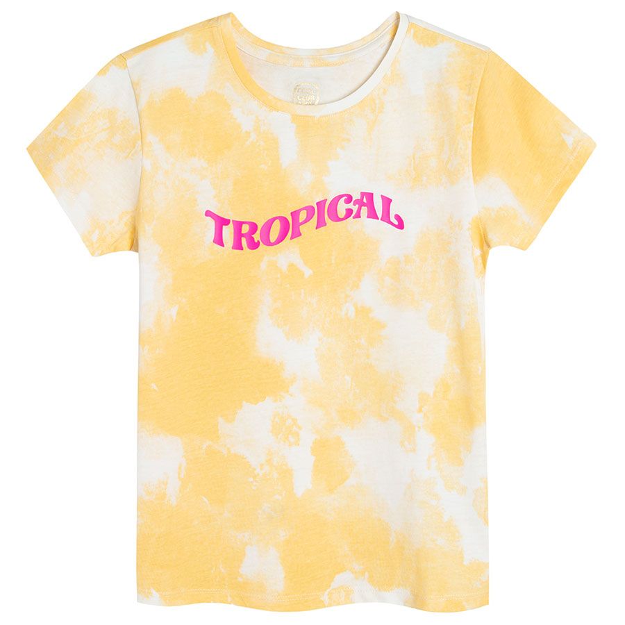 Μπλούζα κοντομάνικη κίτρινη με εφέ tie dye και στάμπα tropical