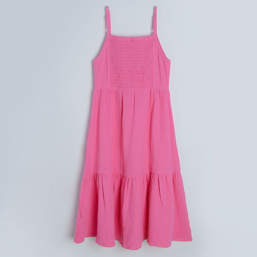Pink sleeveless summer dress with ruffle on the shoulders