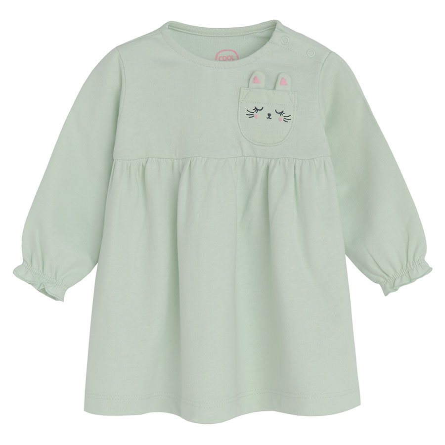 Light green long sleeve dress with kitten on the chest pocket
