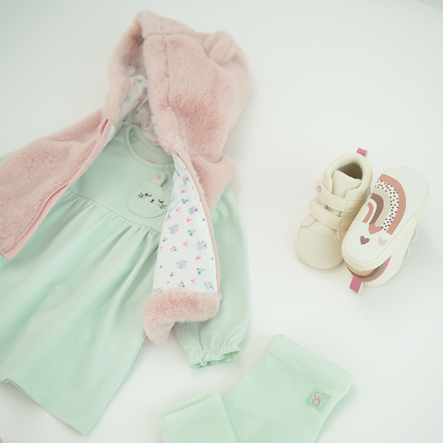 Light green long sleeve dress with kitten on the chest pocket