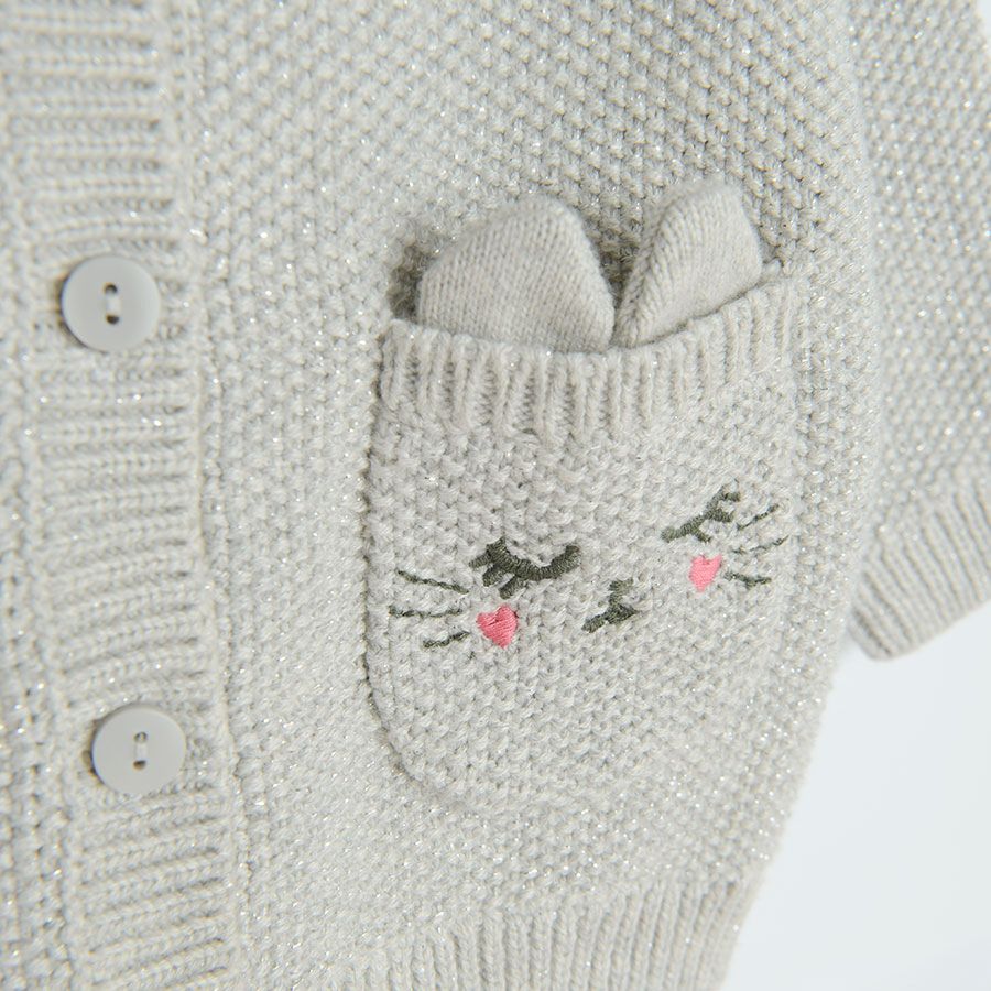 Grey button down cardigan with kittens embroidered on the side pockets
