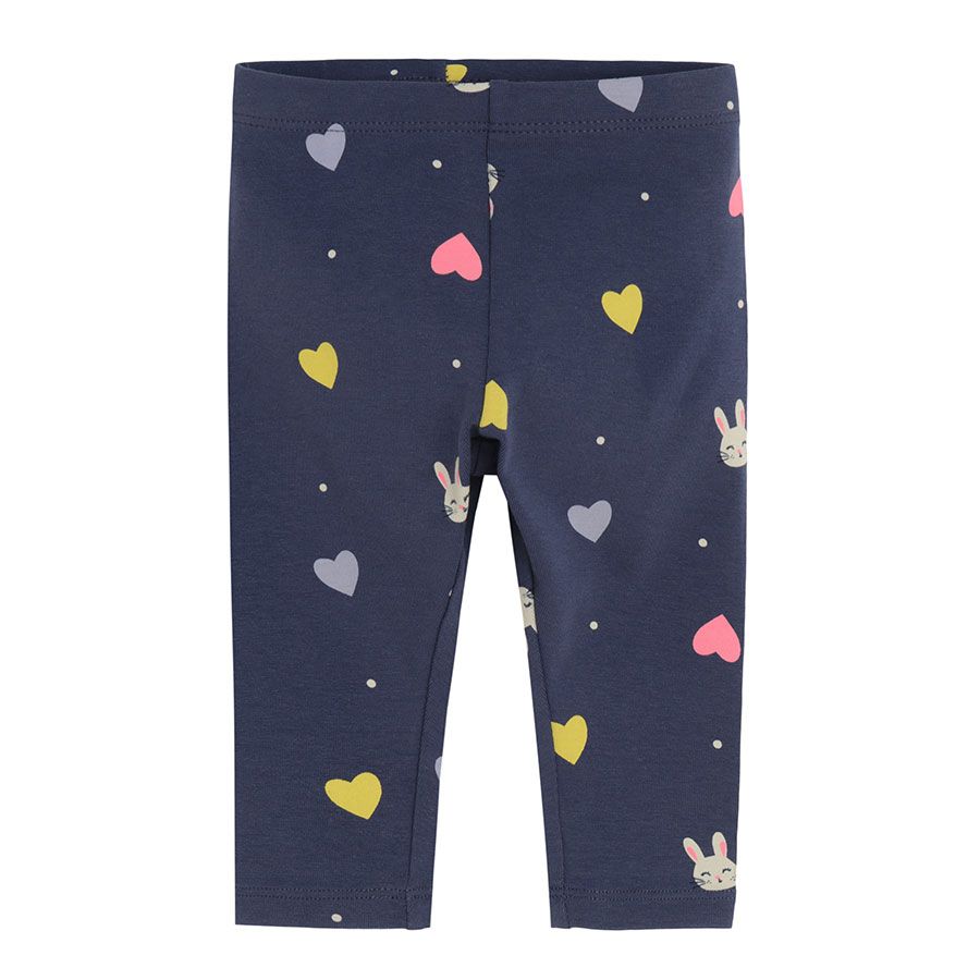 Dark blue with hearts and bunnies, fuchsia and light blue with small hears leggings- 3 pack