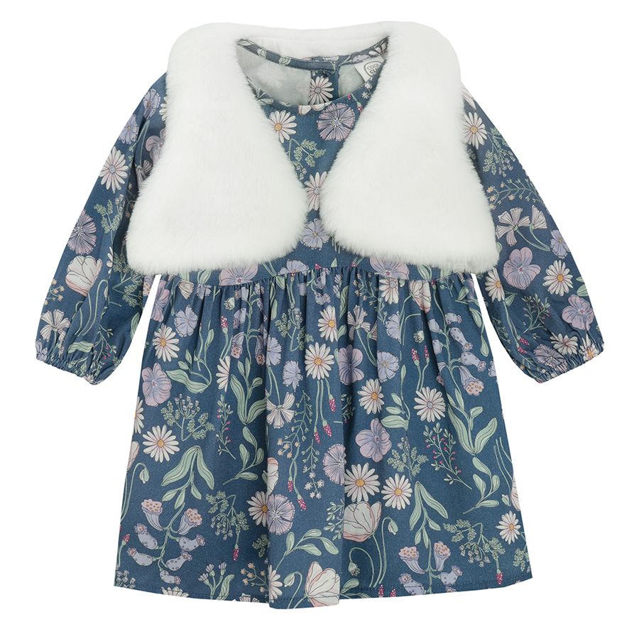 Blue floral long sleeve dress with fur like short vest