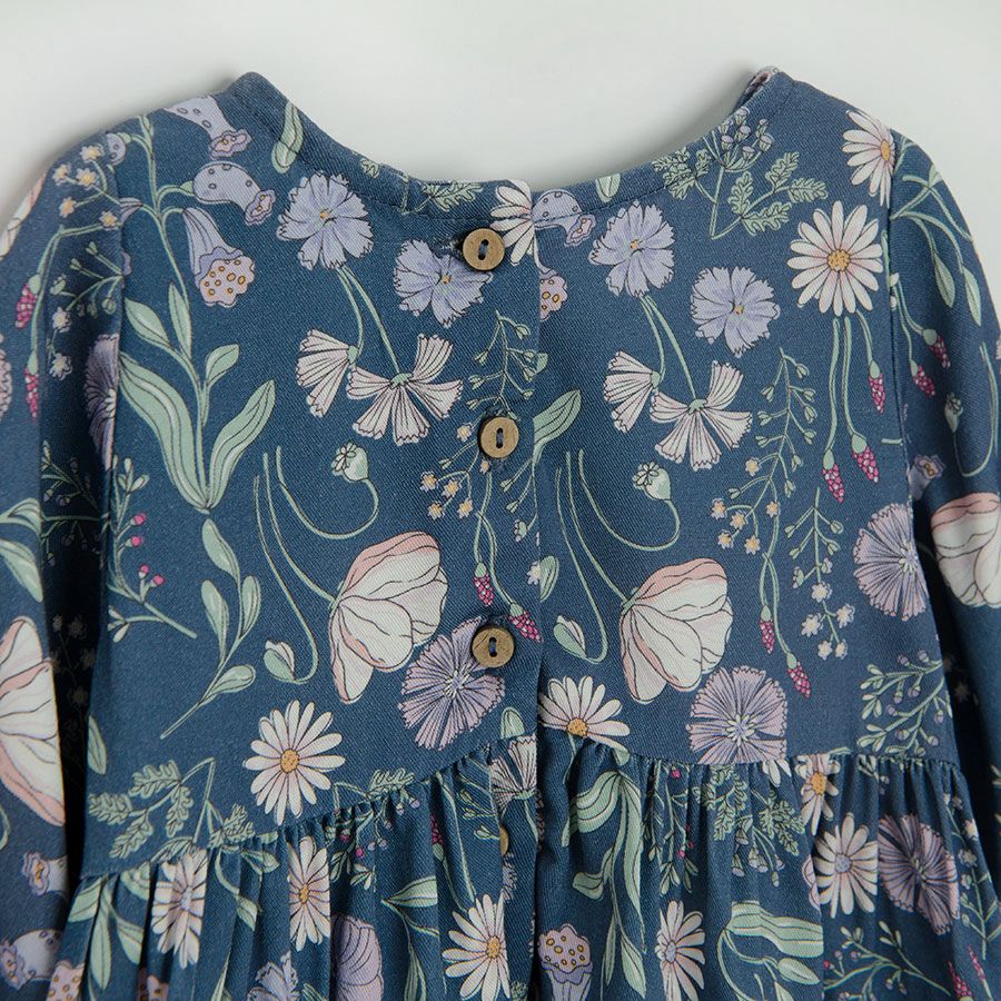 Blue floral long sleeve dress with fur like short vest