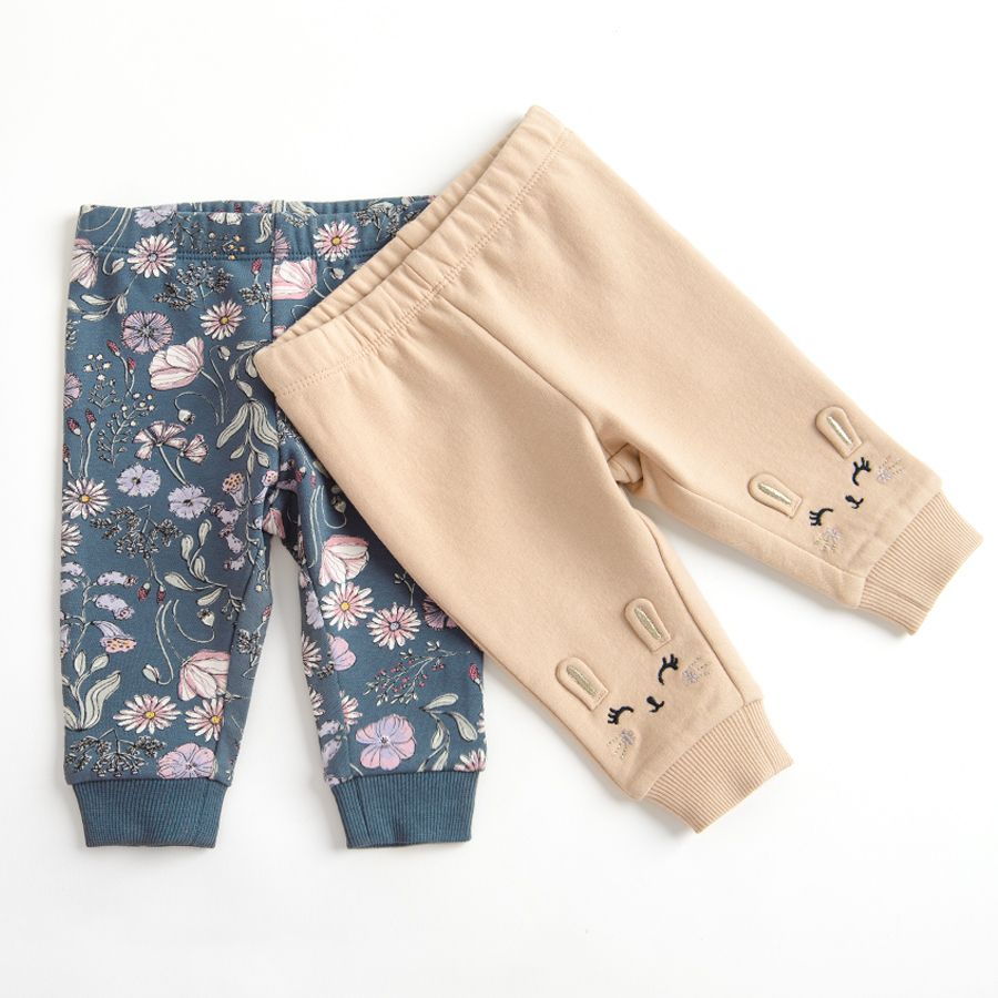 Blue floral and ecru with bunny prints jogging pants- 2 pack
