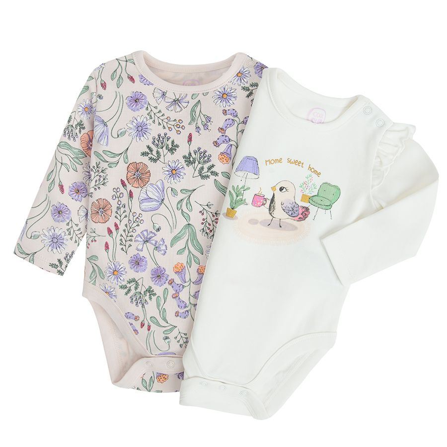 White with bird print and floral long sleeve bodysuits- 2 pack