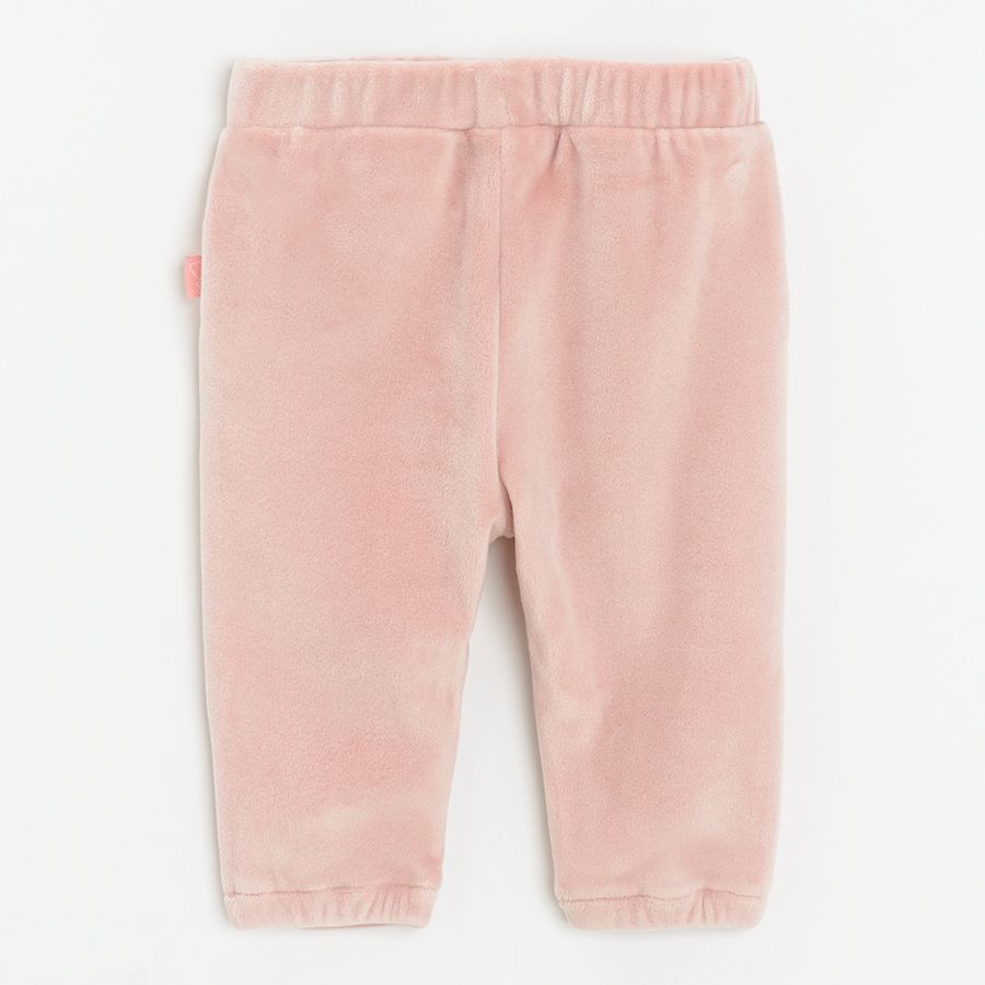 Pink velvet jogging pants with small gold heart print