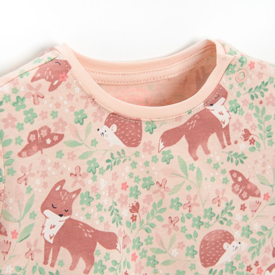 Φόρεμα μακρυμάνικο ροζ με στάμπα ζώα του δάσους