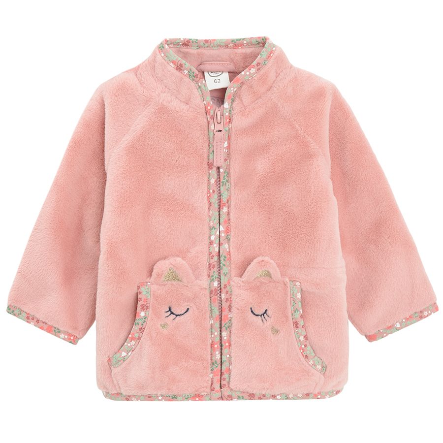 Pink zip through fleece jacket with kitten prints