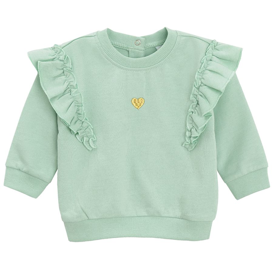 Teal sweatershirt with ruffles on the arms and floral leggings clothing set