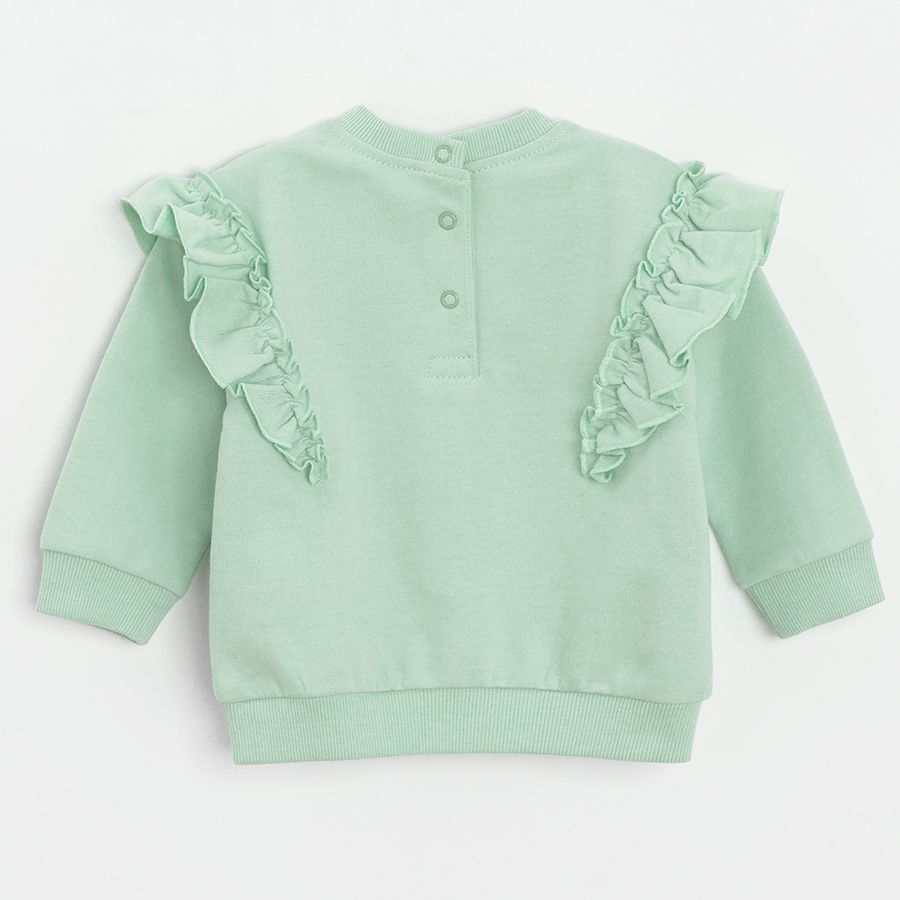 Teal sweatershirt with ruffles on the arms and floral leggings clothing set