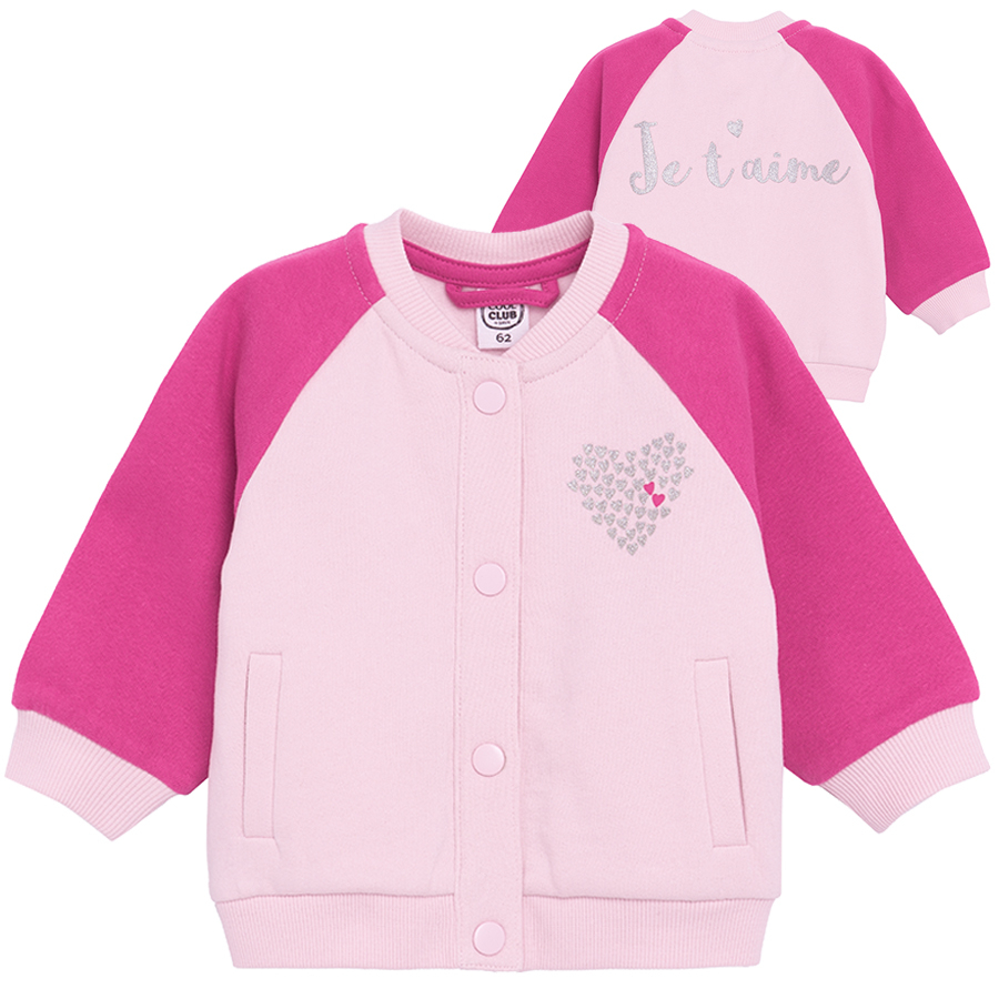 Pink button down sweatshirt with 'Je t'aime' print on the back