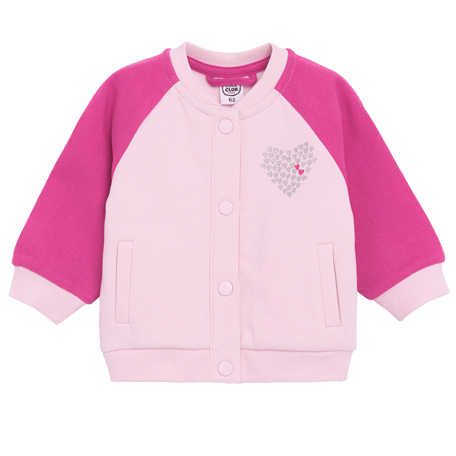 Pink button down sweatshirt with 'Je t'aime' print on the back