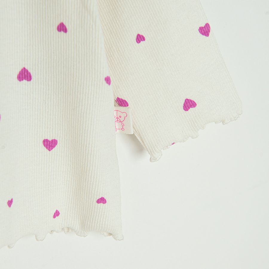 White long sleeve blouse with pink hearts print