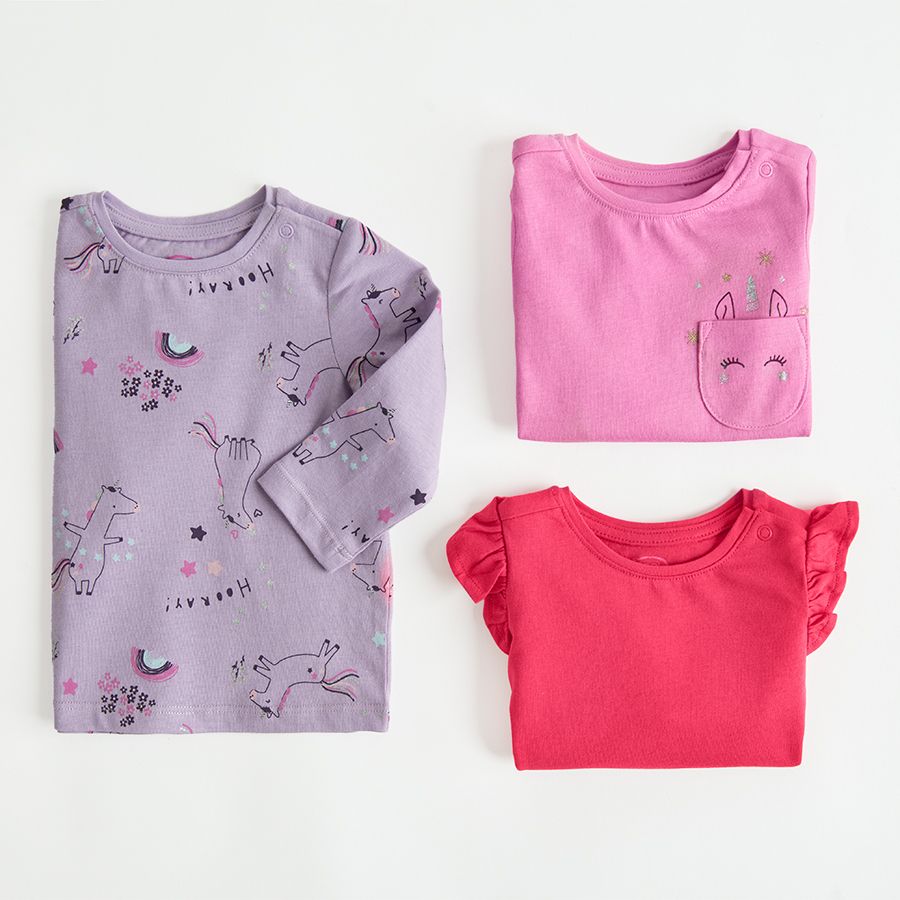 Pink and purple long sleeve blouses with unicorn print- 3 pack