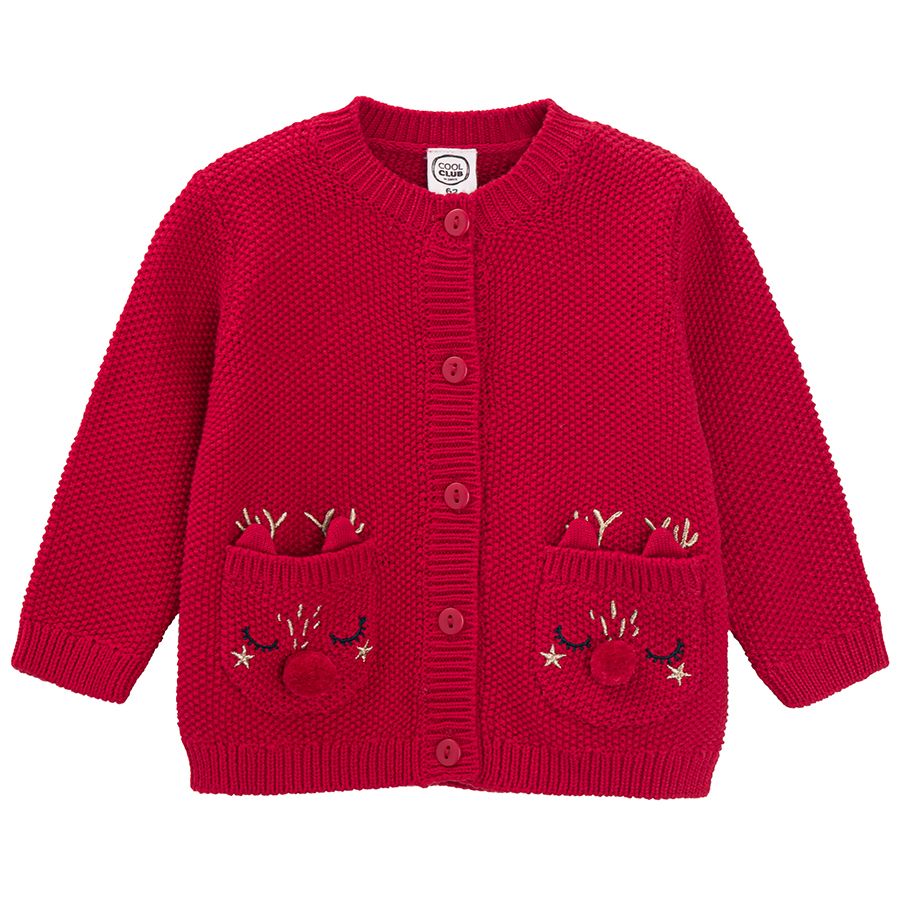 Red cardigan with raindeer print on the side pockets