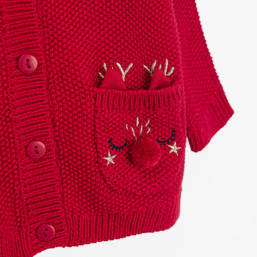 Red cardigan with raindeer print on the side pockets