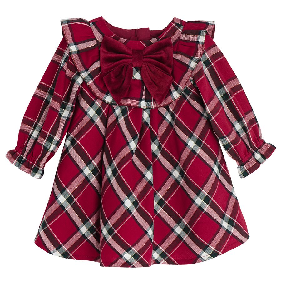 Red checked party long sleeve dress with bow and white tights
