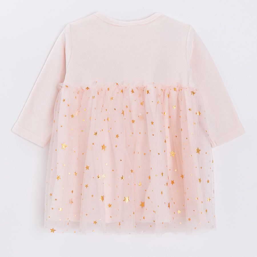 Ecru long sleeve party dress with gold details and tulle skirt
