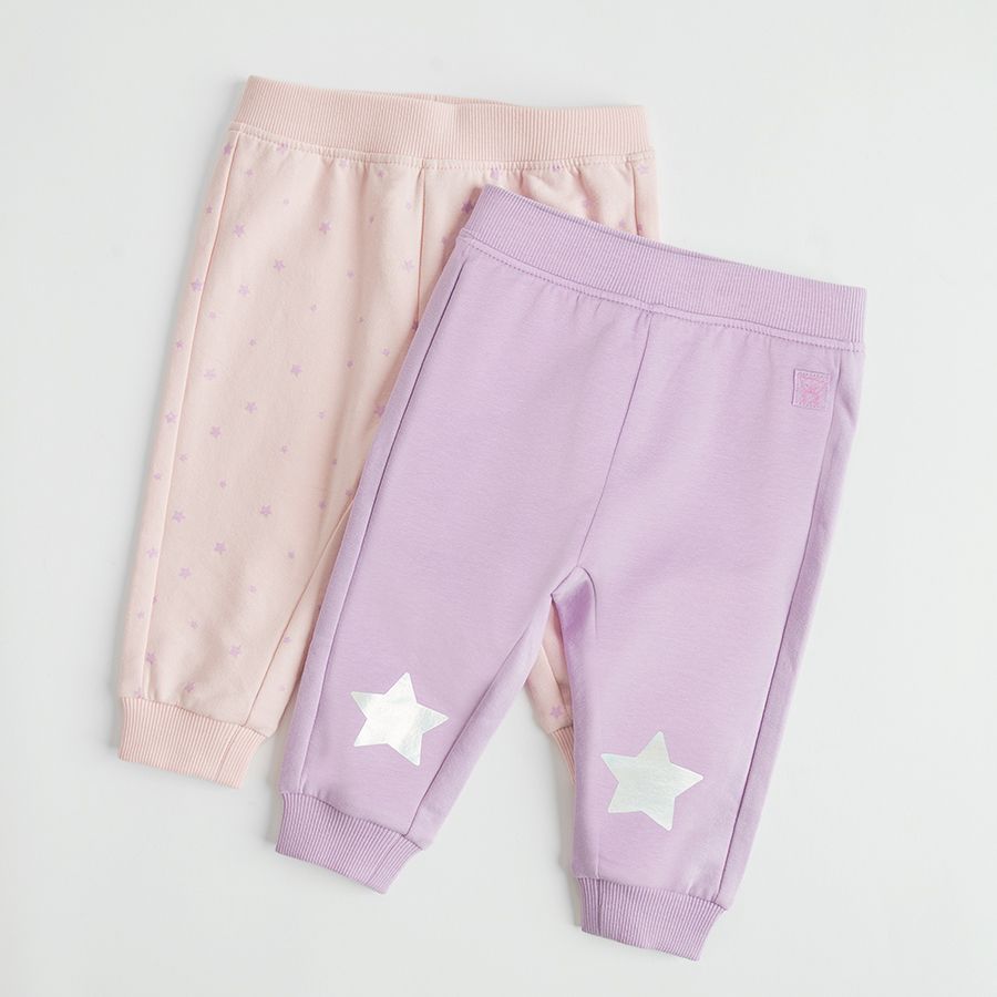 Beige and violet jogging pants with stars print- 2 pack