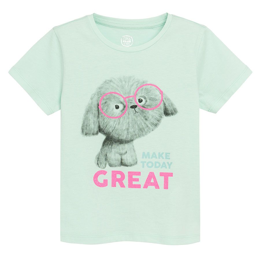 Light blue short sleeve T-shirt with dog print and 'Make today GREAT' print