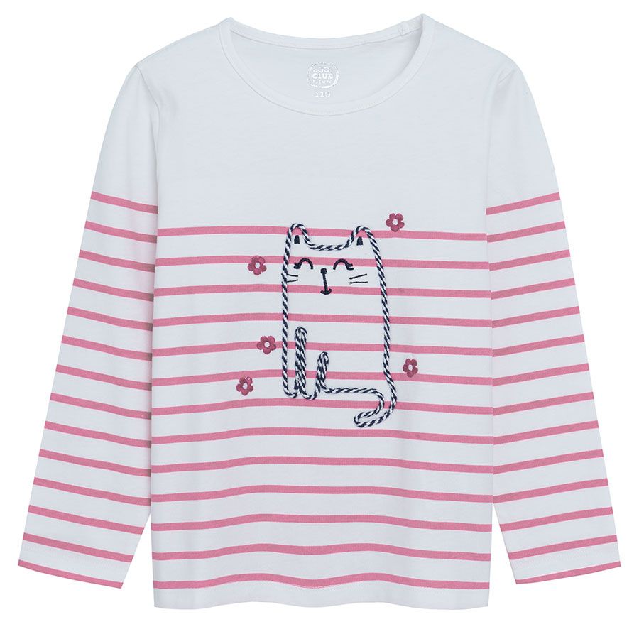 White and red stripes long sleeve blouse with cat print