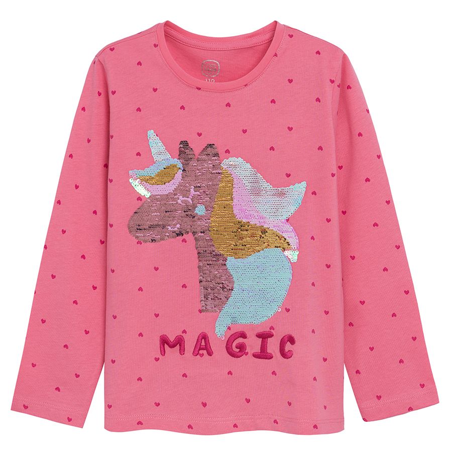 Pink long sleeve blouse with unicorn print