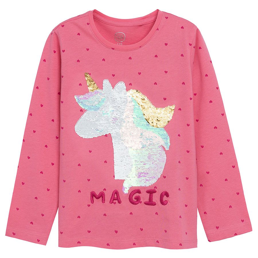 Pink long sleeve blouse with unicorn print