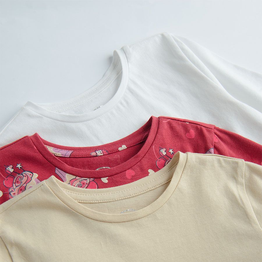 White, beige and red long sleeve T-shirts with girl and cupackes print
