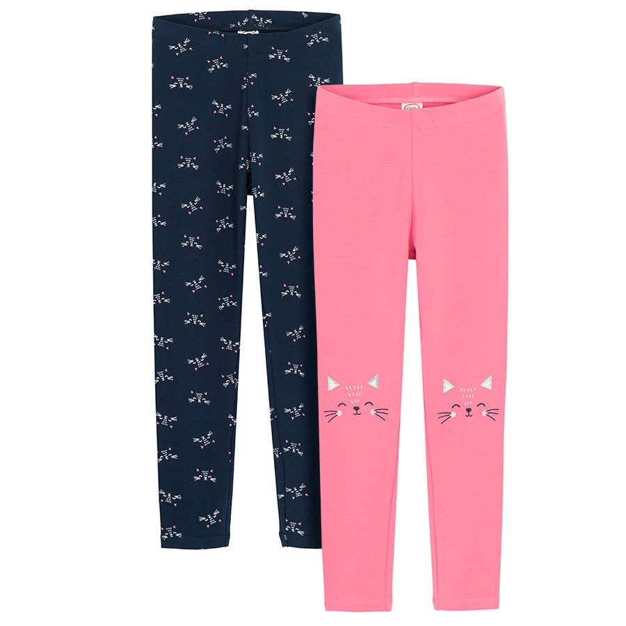 Dark blue with white prints and pink with kittens print leggins- 2 pack